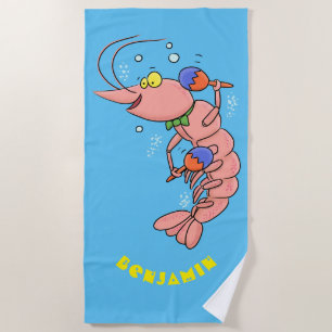 Cute happy shrimp, prawn cartoon beach towel