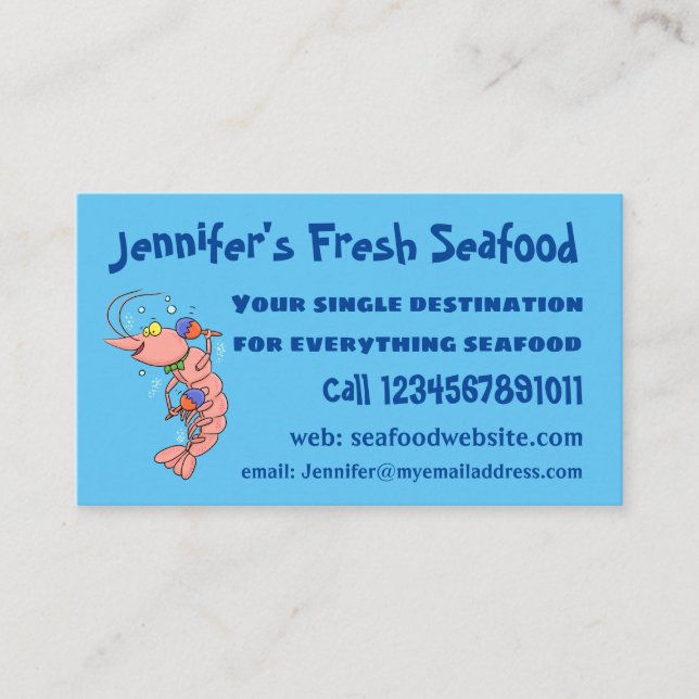 Cute happy shrimp, prawn cartoon business card (Front)