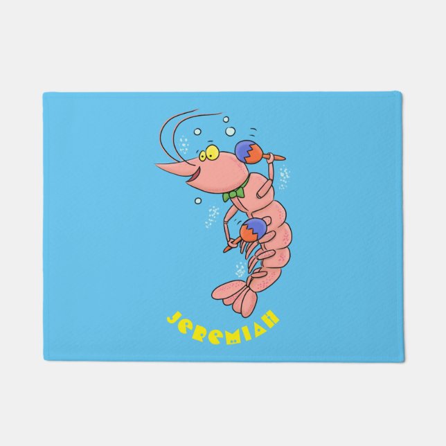 Cute happy shrimp, prawn cartoon doormat (Front)