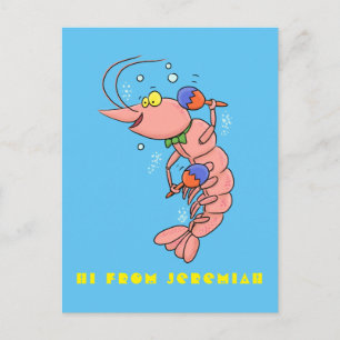 Cute happy shrimp, prawn cartoon postcard