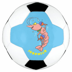 Cute happy shrimp, prawn cartoon soccer ball