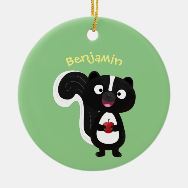Cute happy skunk cartoon illustration ceramic ornament (Front)