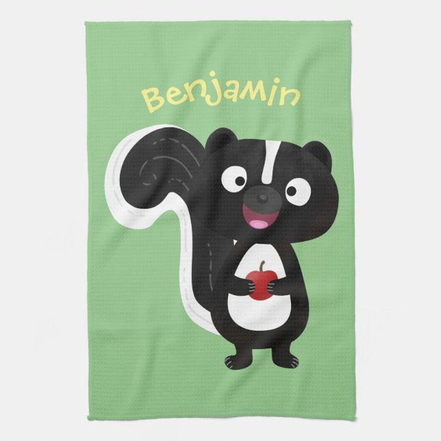 Cute happy skunk cartoon illustration kitchen towel (Vertical)