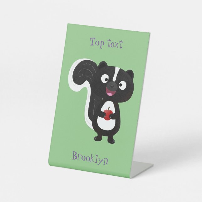 Cute happy skunk cartoon illustration pedestal sign (Front)
