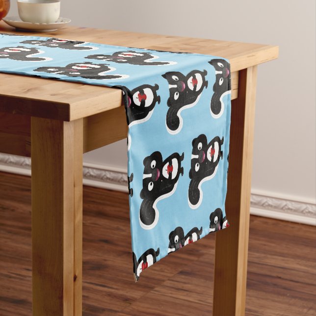 Cute happy skunk cartoon illustration short table runner (In Situ)