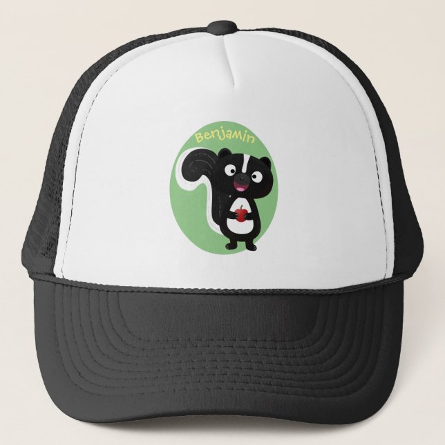 Cute happy skunk cartoon illustration trucker hat (Front)
