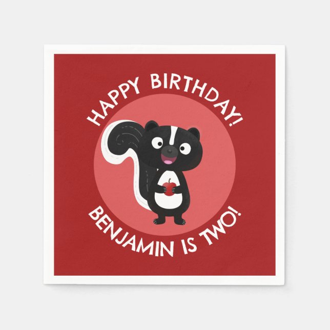 Cute happy skunk personalized cartoon birthday napkin (Front)
