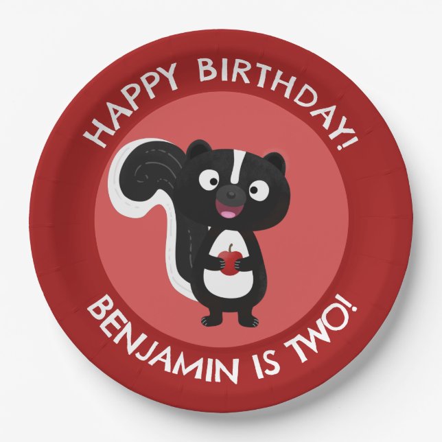 Cute happy skunk personalized cartoon birthday paper plate (Front)