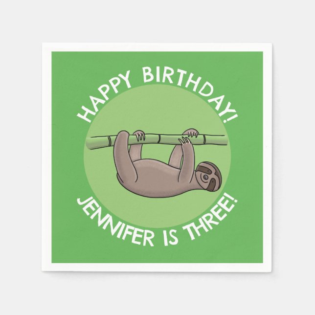 Cute happy sloth personalized cartoon birthday napkin (Front)