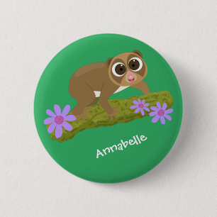Cute happy slow loris on branch cartoon 2 inch round button