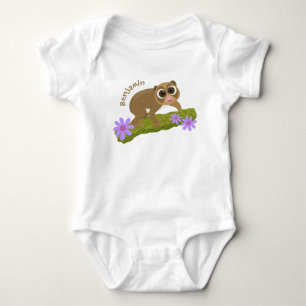 Cute happy slow loris on branch cartoon baby bodysuit