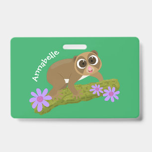 Cute happy slow loris on branch cartoon badge