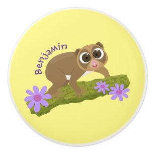 Cute happy slow loris on branch cartoon ceramic knob
