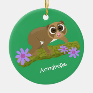 Cute happy slow loris on branch cartoon ceramic ornament