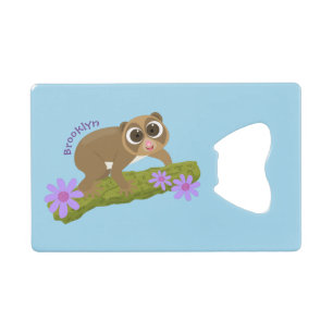 Cute happy slow loris on branch cartoon credit card bottle opener