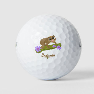 Cute happy slow loris on branch cartoon golf balls