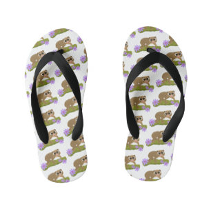 Cute happy slow loris on branch cartoon kid's flip flops