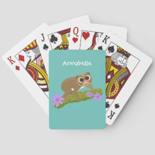 Cute happy slow loris on branch cartoon playing cards