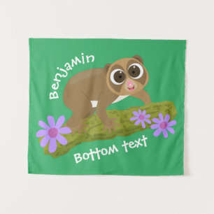 Cute happy slow loris on branch cartoon tapestry