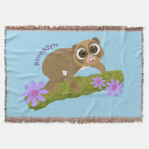 Cute happy slow loris on branch cartoon throw blanket