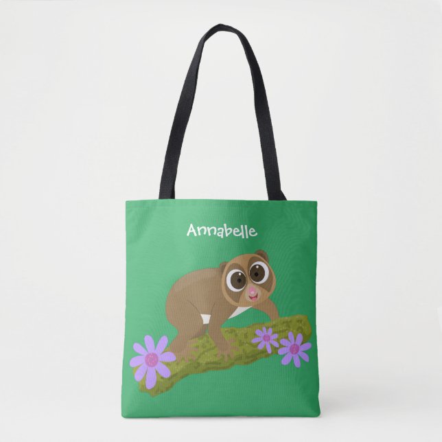 Cute happy slow loris on branch cartoon tote bag (Front)