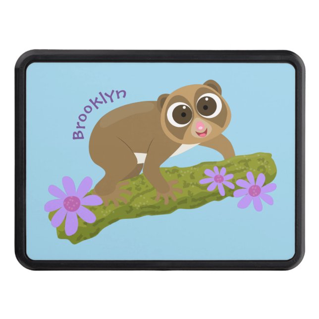 Cute happy slow loris on branch cartoon trailer hitch cover (Front)