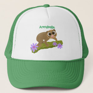 Cute happy slow loris on branch cartoon trucker hat