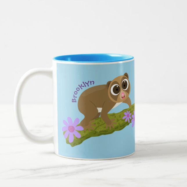 Cute happy slow loris on branch cartoon Two-Tone coffee mug (Left)