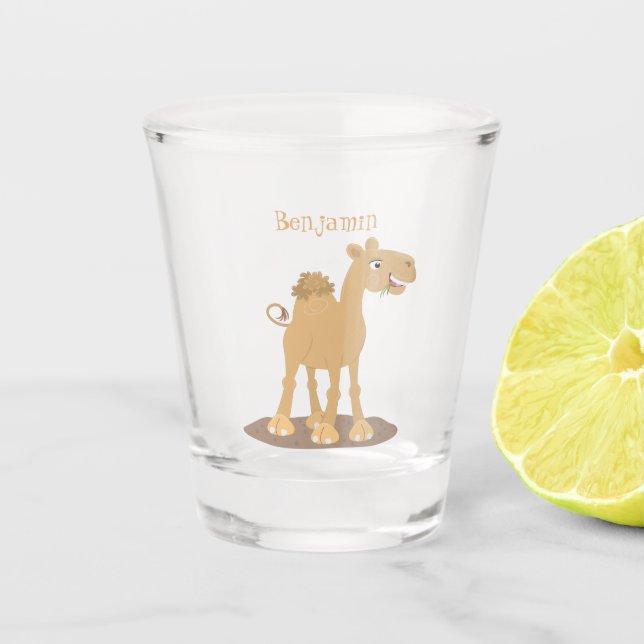 Cute happy smiling camel cartoon illustration shot glass (Front)