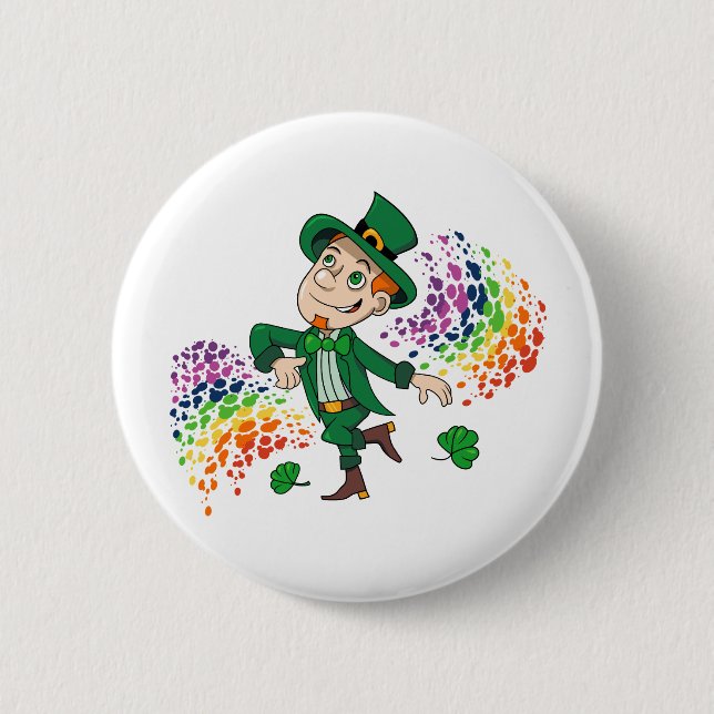Cute happy smiling dancing leprechaun, a rainbow  2 inch round button (Front)