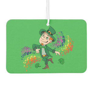 Cute happy smiling dancing leprechaun, a rainbow air freshener