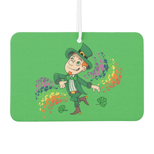 Cute happy smiling dancing leprechaun, a rainbow  air freshener (Front)