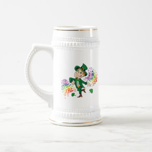 Cute happy smiling dancing leprechaun, a rainbow beer stein