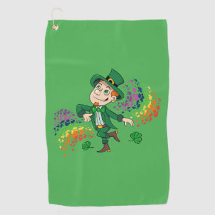Cute happy smiling dancing leprechaun, a rainbow  golf towel