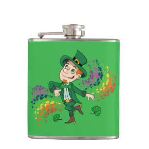 Cute happy smiling dancing leprechaun, a rainbow hip flask