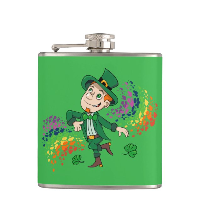 Cute happy smiling dancing leprechaun, a rainbow  hip flask (Front)