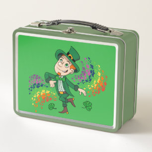 Cute happy smiling dancing leprechaun, a rainbow  metal lunch box