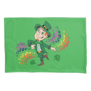 Cute happy smiling dancing leprechaun, a rainbow  pillowcase