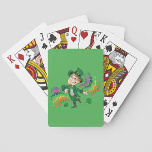 Cute happy smiling dancing leprechaun, a rainbow playing cards