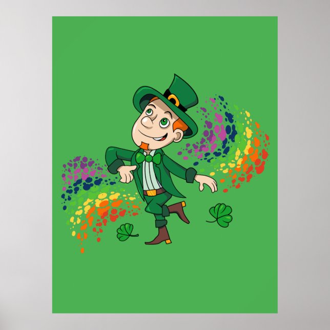 Cute happy smiling dancing leprechaun, a rainbow  poster (Front)