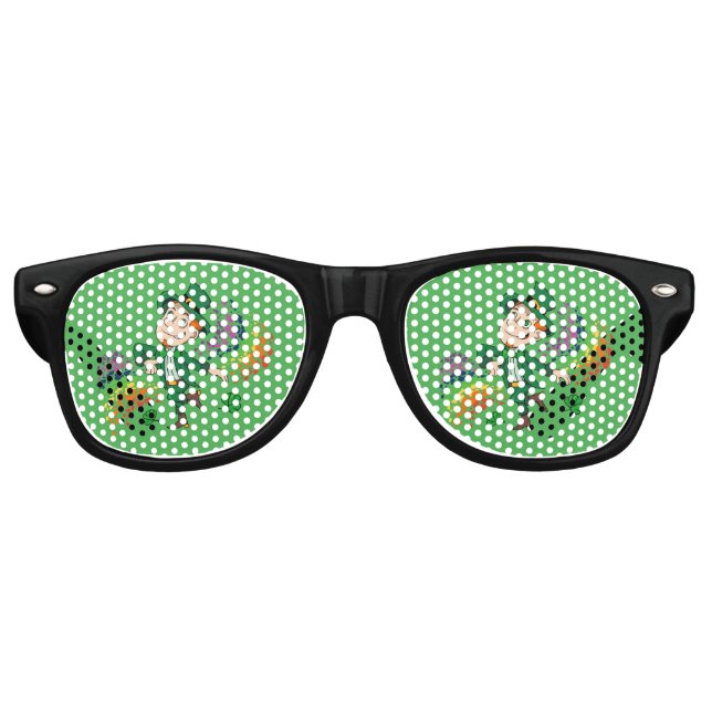 Cute happy smiling dancing leprechaun, a rainbow  retro sunglasses (Front)