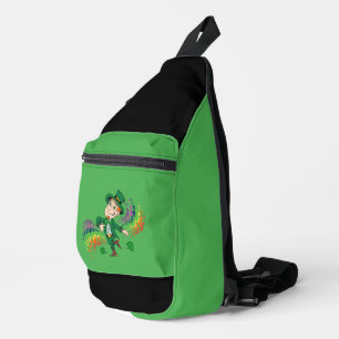 Cute happy smiling dancing leprechaun, a rainbow sling bag