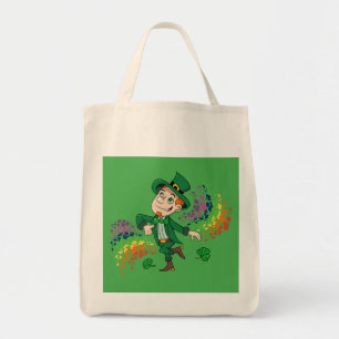 Cute happy smiling dancing leprechaun, a rainbow  tote bag