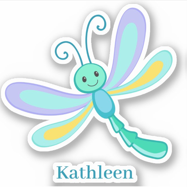 Cute happy smiling green purple teal dragonfly (Front)