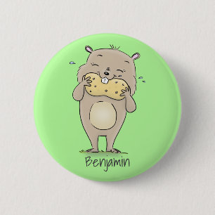 Cute happy smiling hamster with peanut cartoon 2 inch round button