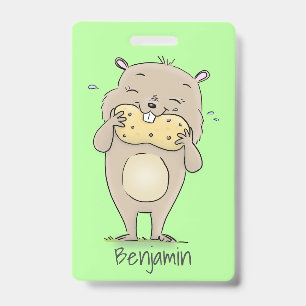 Cute happy smiling hamster with peanut cartoon badge