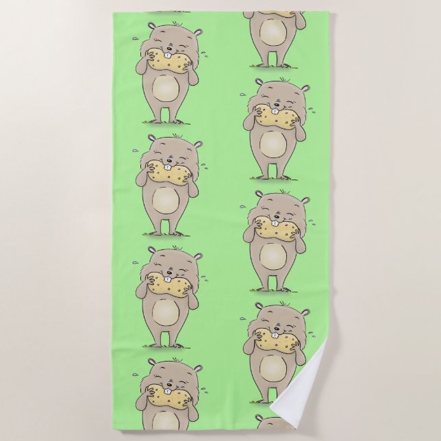 Cute happy smiling hamster with peanut cartoon beach towel (Front)