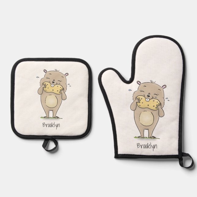 Cute happy smiling hamster with peanut cartoon oven mitt & pot holder set (Front)