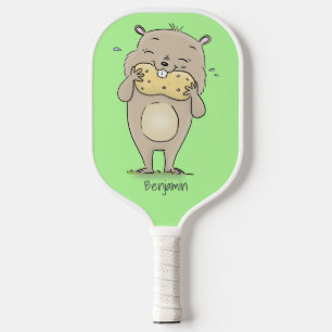 Cute happy smiling hamster with peanut cartoon pickleball paddle