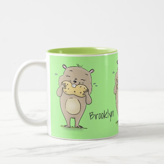 Cute happy smiling hamster with peanut cartoon Two-Tone coffee mug (Left)